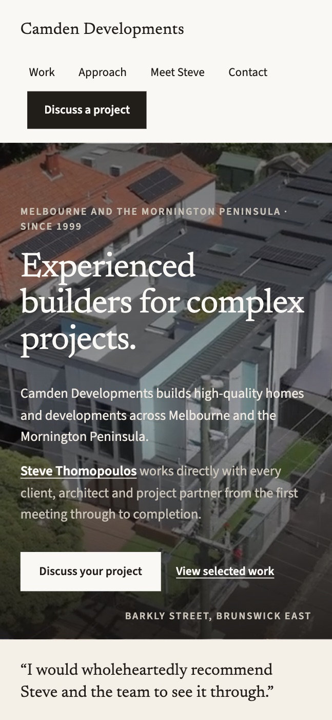 Camden Developments website shown on mobile