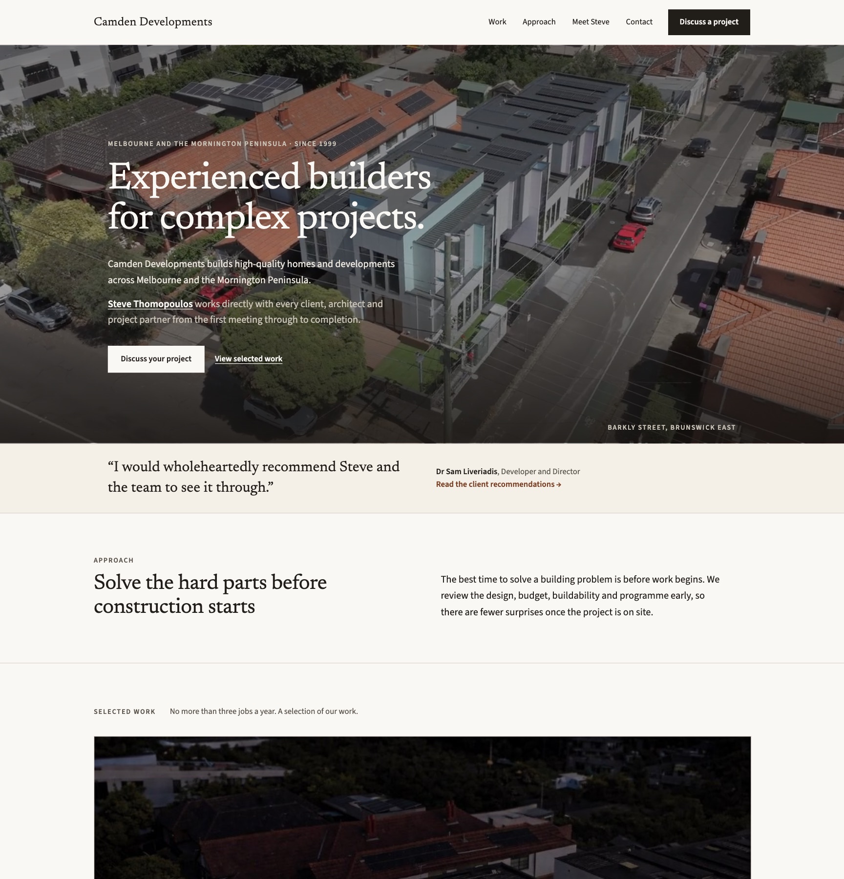 Camden Developments website homepage on desktop, opening on aerial footage of the Barkly Street townhouses