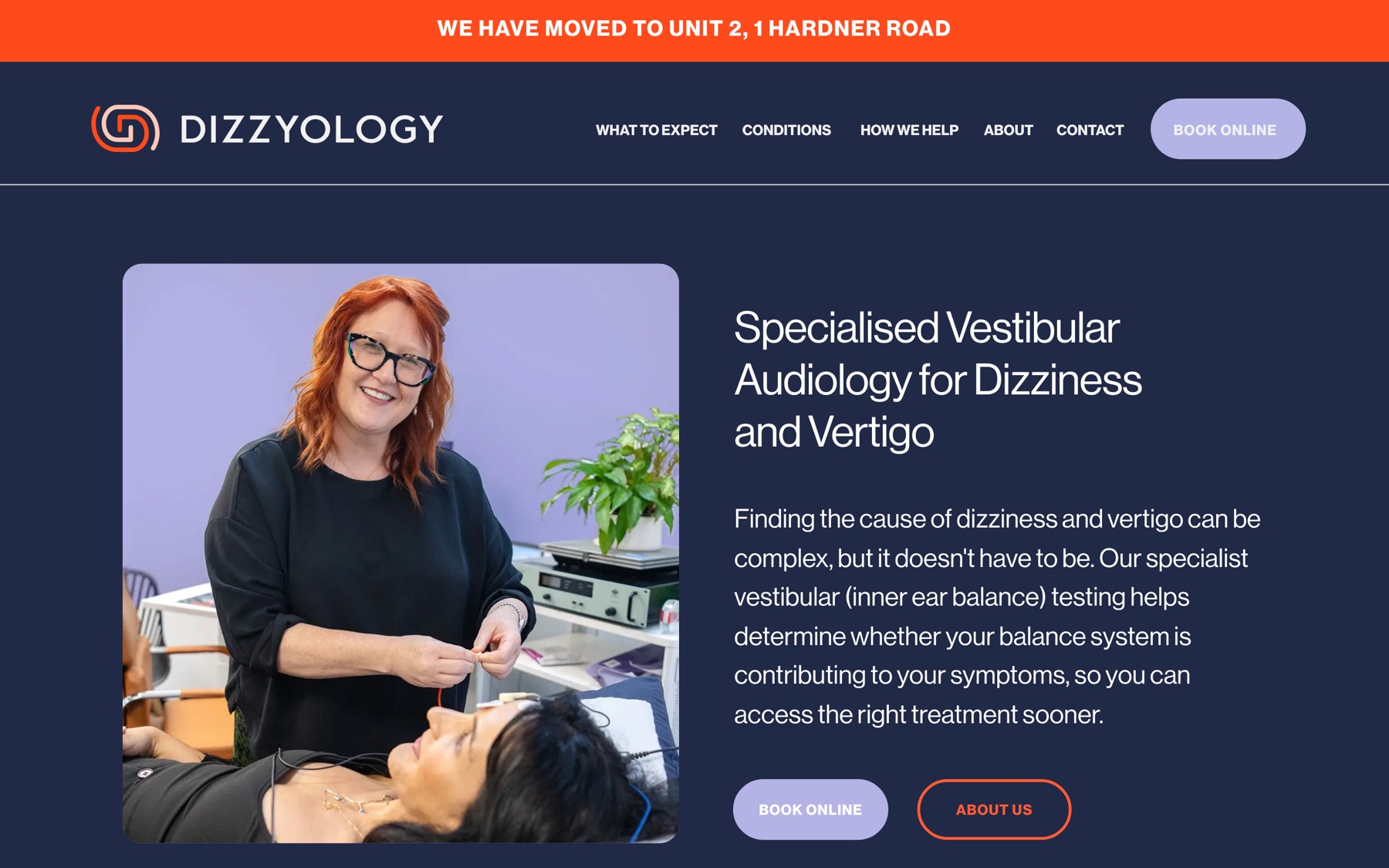 Dizzyology website homepage shown on desktop