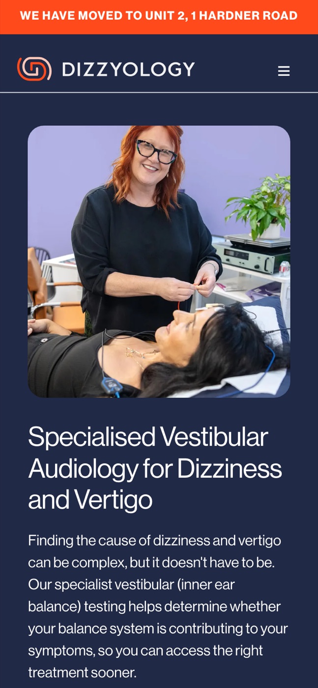 Dizzyology website shown on mobile
