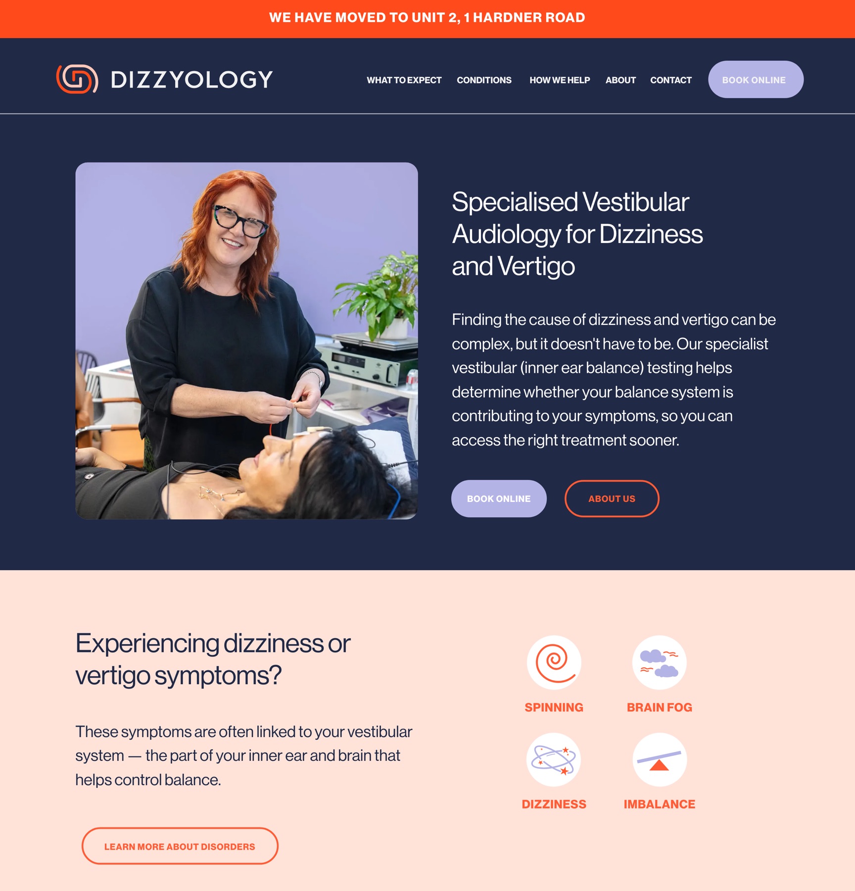 Dizzyology website homepage on desktop. Visual design by Designable Studio.