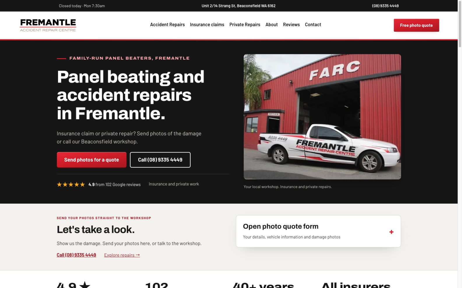 Fremantle Accident Repair Centre website homepage